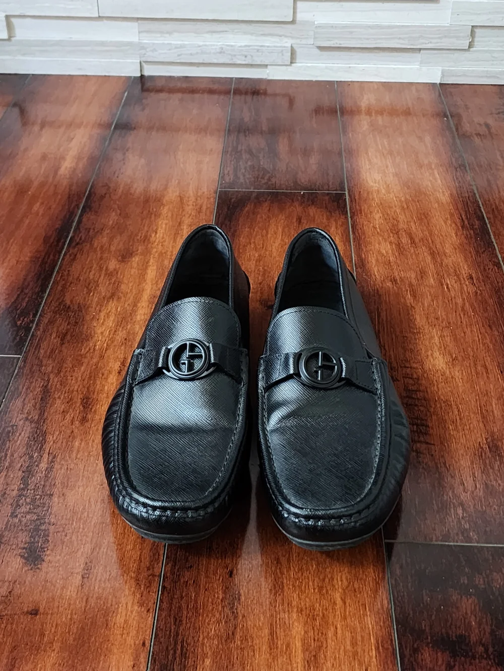 Giorgio Armani Black Leather Logo Driver Loafers Men's Size 8